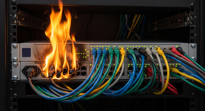 Network switch server hardware rack catching fire inside modern data center facility.