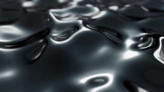 Reflective liquid metal ripples across dark surface, reshaping with shifting mirror highlights under dramatic side lighting, creating futuristic cinematic macro texture and fluid motion.