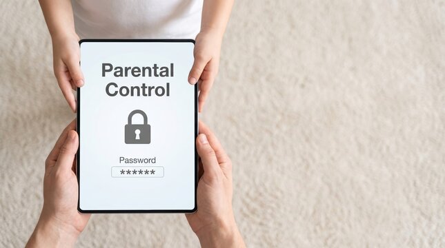 Top down view of parent and child hands holding a generic digital tablet displaying a parental control and password security screen