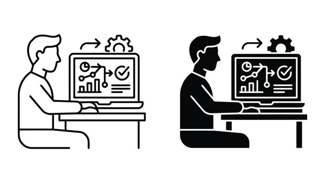 Digital strategy and business workflow development icon set with workflow