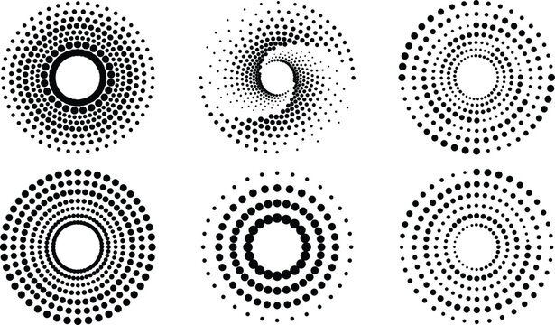Set of circular halftone dot patterns and abstract geometric spiral elements for graphic design
