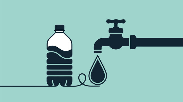 Water bottle illustration shows a reusable plastic container positioned next to a metal faucet handle where a single blue droplet emerges to emphasize the importance of resource conservation.