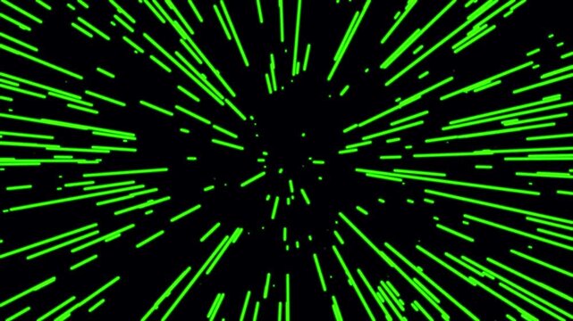 Cinematic warp speed travel visual on black background. Light speed streaks of tunnel fast moving. Hyper jump into another space flight through wormhole. Gradient energy lines moving from the middle.