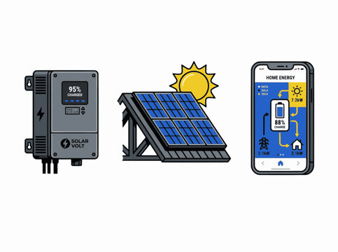 Isolated Home Solar Panel and Wall Battery Storage Clean Energy Vector Set, "Created with AI assistance and manually refined."