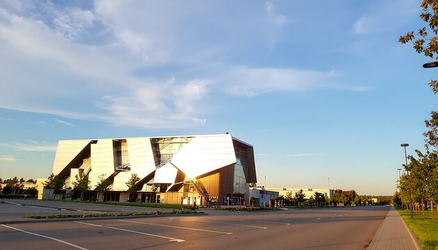 Modern geometric building with reflective facade at sunset