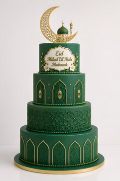 Emerald Green and Gold Islamic Celebration Cake on Black Background