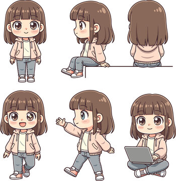 Cute Anime Chibi Girl Character Sheet with Multiple Poses and Expressions