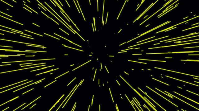 Cinematic warp speed travel visual on black background. Light speed streaks of tunnel fast moving. Hyper jump into another space flight through wormhole. Gradient energy lines moving from the middle.