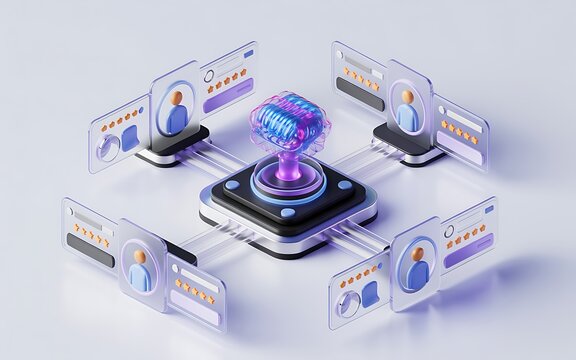 3d artificial intelligence brain connected to four floating glass panels showing user profiles with star ratings and feedback reviews