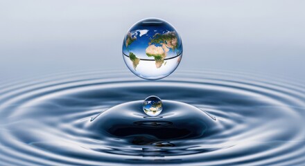 Earth globe reflection inside falling water drop