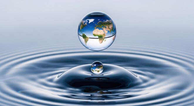 Earth globe reflection inside falling water drop