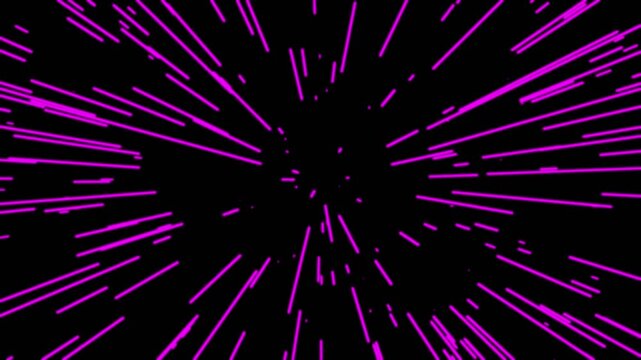 Cinematic warp speed travel visual on black background. Light speed streaks of tunnel fast moving. Hyper jump into another space flight through wormhole. Gradient energy lines moving from the middle.