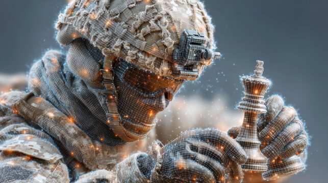 A soldier in tactical gear contemplates chess piece, symbolizing control and power through strategic discipline