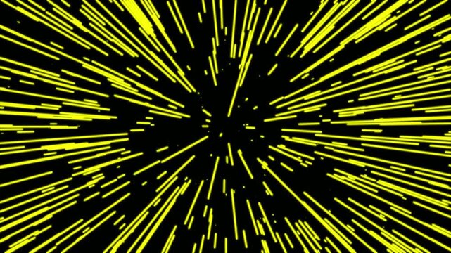 Cinematic warp speed travel visual on black background. Light speed streaks of tunnel fast moving. Hyper jump into another space flight through wormhole. Gradient energy lines moving from the middle.