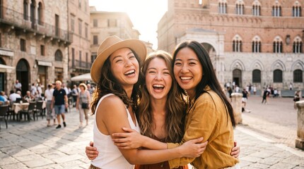 Obraz premium Three Women Friends Laughing Together in Historic Italian Square