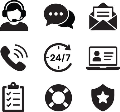 Minimalist customer service and helpdesk support glyph icon set with headset agent live chat bubble email envelope and 24/7 service clock vector isolated on white background
