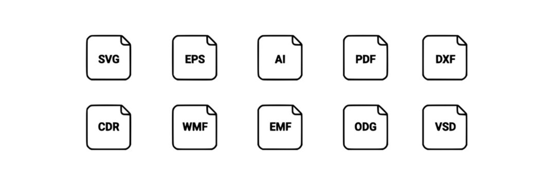File Icons Representing Various Vector Graphic Formats Arranged in Two Rows Featuring Svg, Eps, Ai with Pdf and Dxf Elements