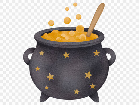 Watercolor magic cauldron with bubbling potion illustration Vector.