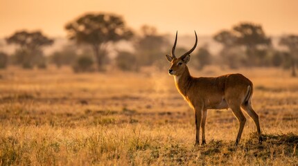 Naklejka premium Majestic Antelope Standing in African Savannah During Golden Hour Sunset.