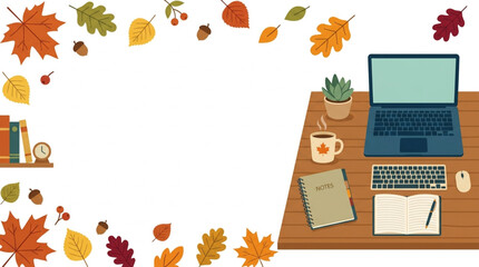 Fototapeta premium Flat lay of a wooden desk with a laptop, keyboard, and notebook, decorated with autumn leaves and acorns, evoking a cozy fall workspace atmosphere
