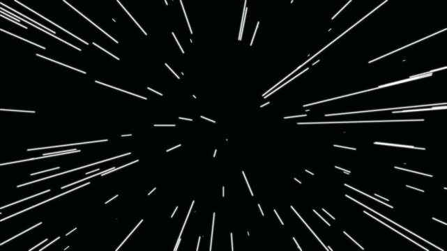 Cinematic warp speed travel visual on black background. Light speed streaks of tunnel fast moving. Hyper jump into another space flight through wormhole. Gradient energy lines moving from the middle.