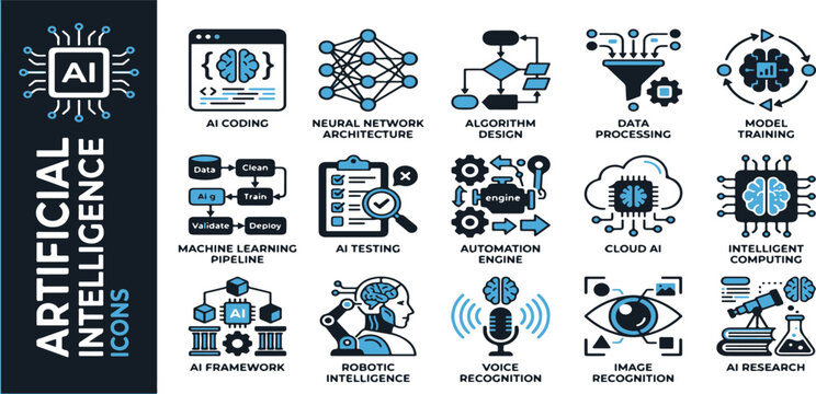 Set of hand drawn artificial intelligent icon designs for technology and machine learning concepts and digital business
