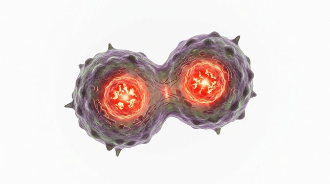 Microscopic view of a cell undergoing division with glowing nuclei