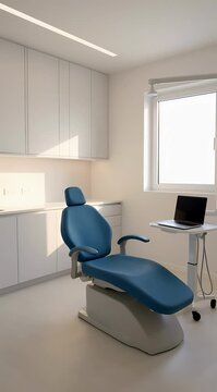 modern dental office treatment room with blue examination chair, medical equipment, clinical environment for dental checkups and procedures