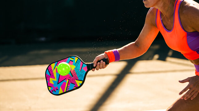 Colorful retro pickleball paddle, vibrant pattern with neon yellow ball, swinging across sunny court, outdoor athletic field, sports action photography