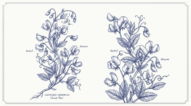 Vintage botanical sweet pea illustration vector, blue ink lathyrus odoratus flower sketches, antique floral scientific diagram with labels