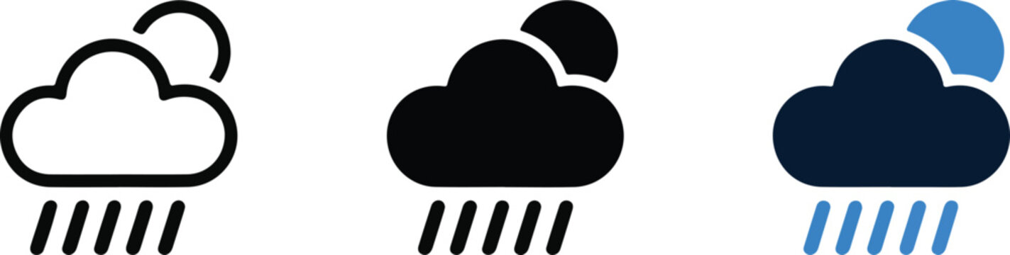 Cloud moon and rain icon vector outline filled and solid flat design illustration.