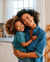 Fototapeta premium Smiling mother and child sharing a joyful hug in a bright sunlit kitchen