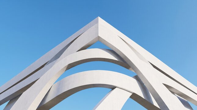 Abstract 3D render of white curved geometric architectural lines against a clear blue sky. Minimalist modern building corner design