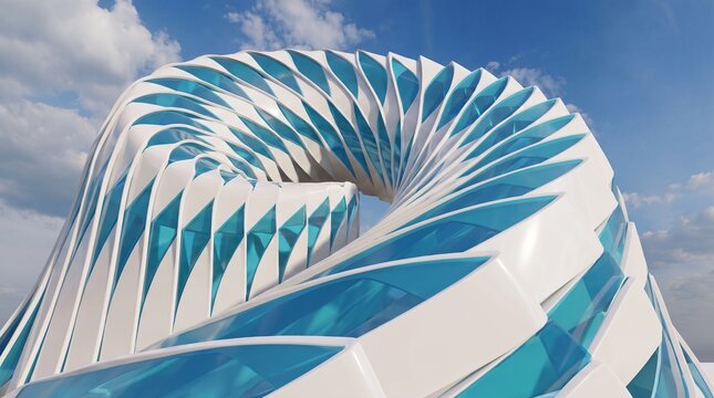 Abstract 3D blue and white architectural pattern background. Geometric spiral parametric structure under blue sky, perfect for modern corporate presentations and real estate banners