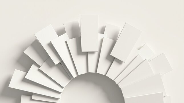 Abstract 3D render of white geometric overlapping panels forming a fan shape. Minimalist modern architecture pattern