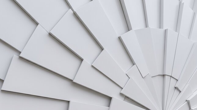 Abstract 3D render of white geometric overlapping panels forming a fan shape. Minimalist modern architecture pattern