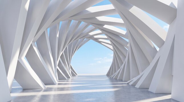 Abstract 3D render of white geometric overlapping panels forming a fan shape. Minimalist modern architecture pattern