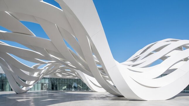 Abstract 3D white architectural wave background. Minimalist parametric geometric structure under clear blue sky, perfect for luxury real estate banners and modern corporate backdrop design