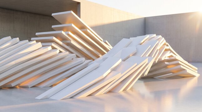 Abstract 3D render of white parametric geometric waves with sharp architectural lines and warm sunlight highlights