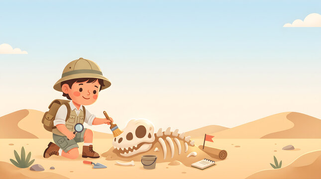 Boy Archaeologist Digging Dinosaur Skeleton Fossil In Desert Vector Illustration