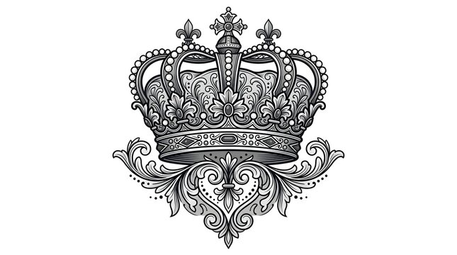 Detailed vintage royal crown illustration with ornate filigree floral flourishes in black and white
