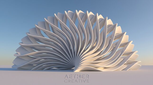 Premium 3D render of abstract white parametric fan-shaped structure against a clear blue sky, perfect for creative agency branding and modern tech wallpapers