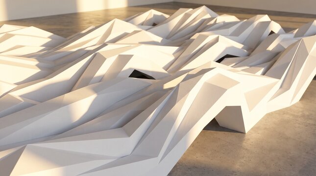 Abstract 3D render of white parametric geometric waves with sharp architectural lines and warm sunlight highlights