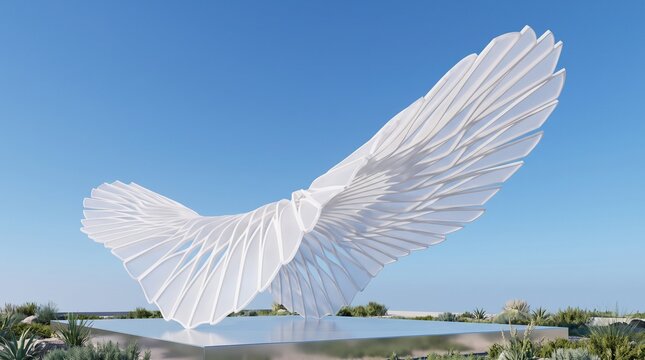 Premium 3D render of abstract white parametric fan-shaped structure against a clear blue sky, perfect for creative agency branding and modern tech wallpapers