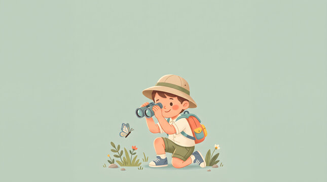 Explorer Boy with Binoculars and Backpack Kneeling and Looking at a Butterfly