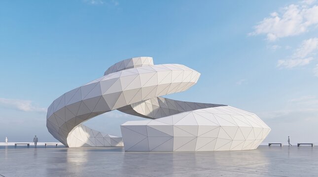 Abstract white geometric spiral pavilion structure against bright sky. Modern minimalist 3D rendering background for technology, business, and exhibition design