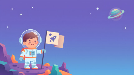 Naklejka premium Kid Astronaut with Helmet and Flag on Alien Planet Surface with Galaxy Background