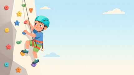 Fototapeta premium Boy Rock Climbing on Artificial Wall Outdoor Vector Illustration