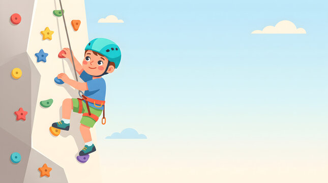 Boy Rock Climbing on Artificial Wall Outdoor Vector Illustration