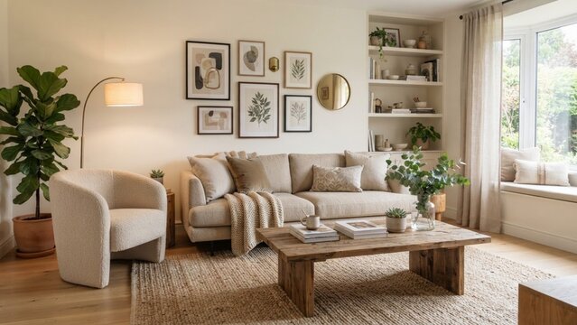 Cozy Modern Neutral Living Room Interior with Comfy Sofa, Wooden Coffee Table, and Warm Aesthetic Decor